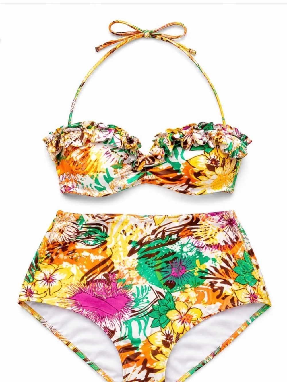 High-Waist Floral Ruffle Bikini Set - Yellow Multi